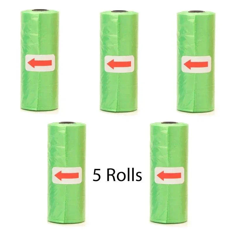 Eco-friendly green pet poop bags in 5 rolls for dog waste cleanup
