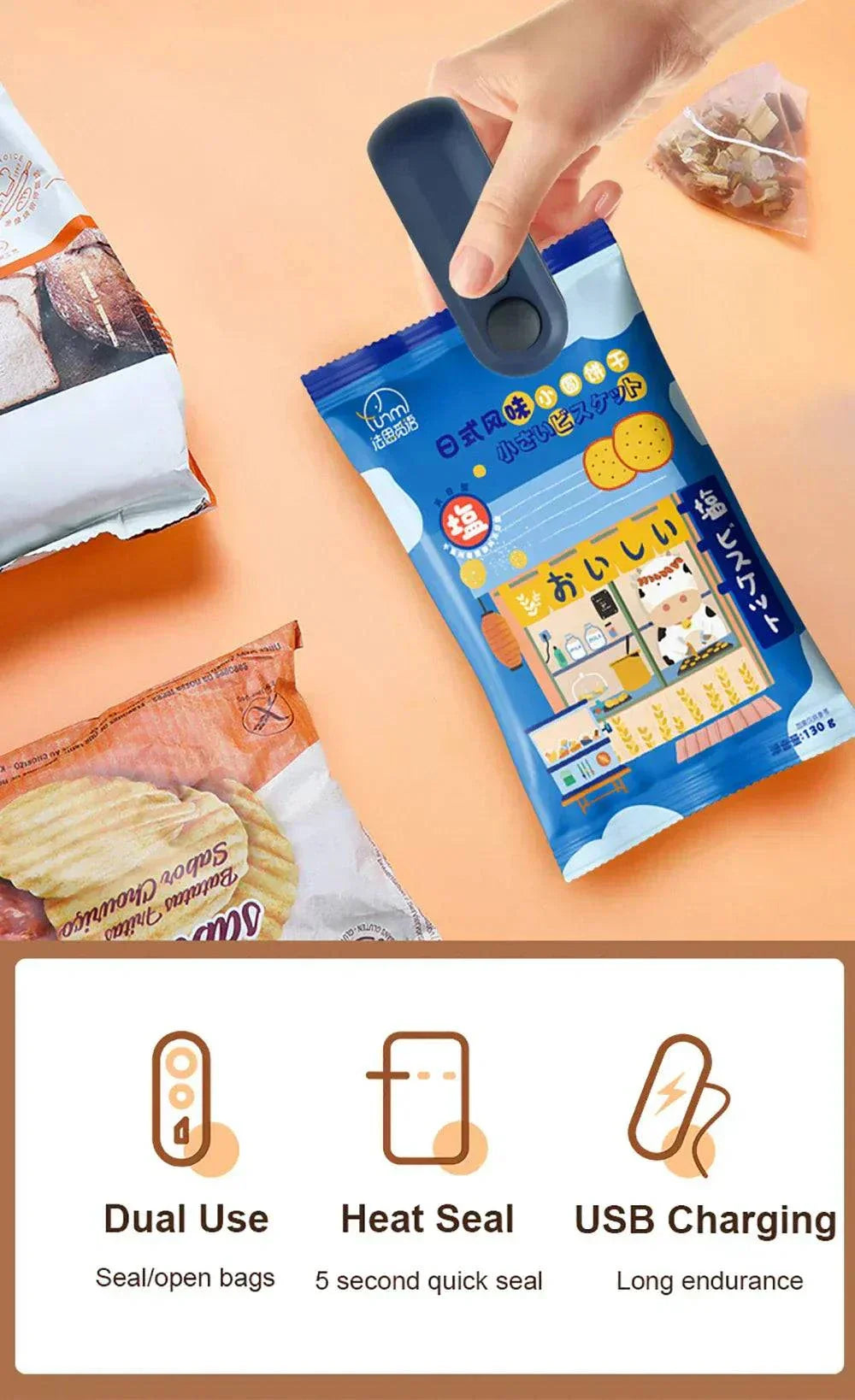 Compact mini heat bag sealing machine sealing a plastic snack bag airtight