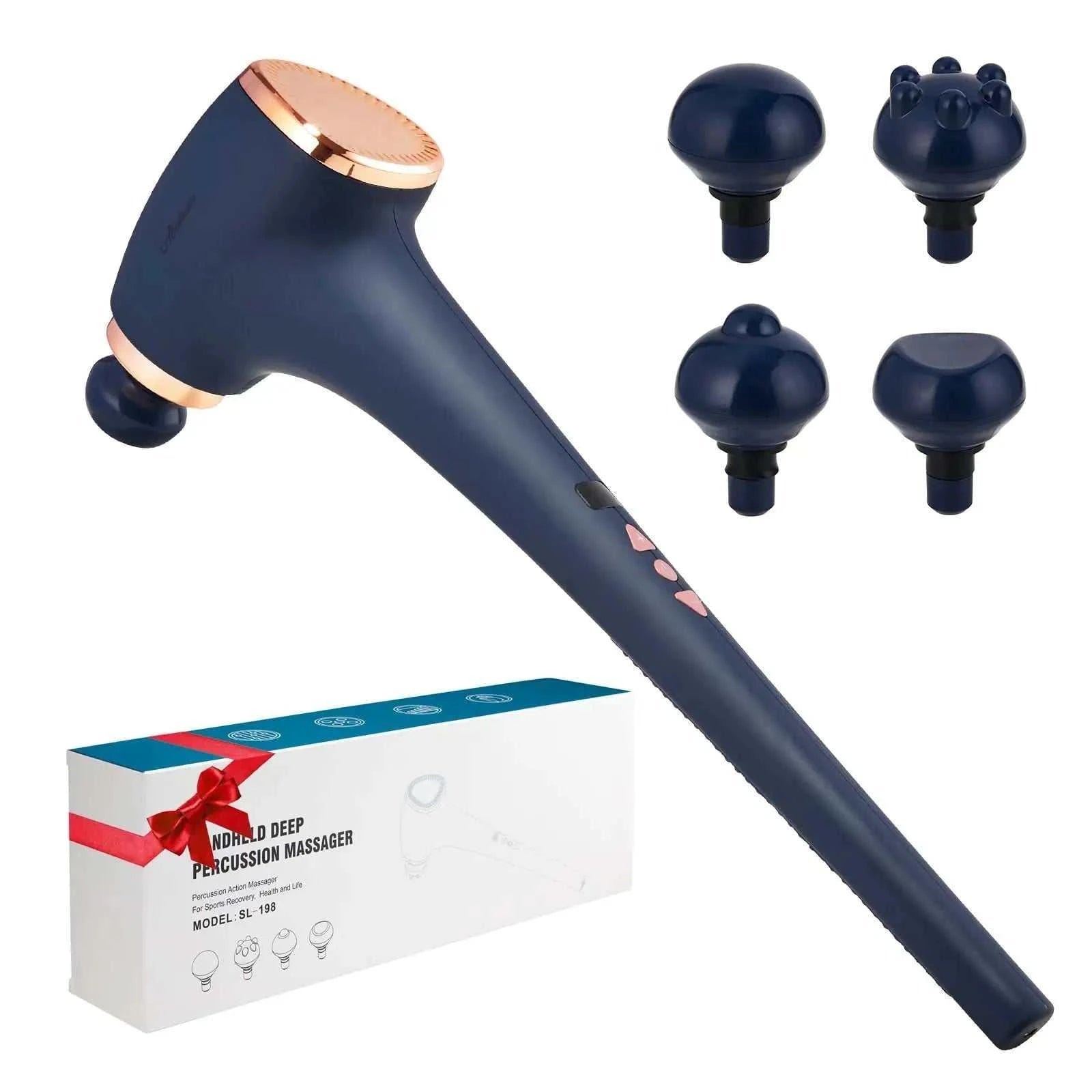 Handheld navy blue massage gun with four interchangeable heads and ergonomic handle for deep tissue muscle relief