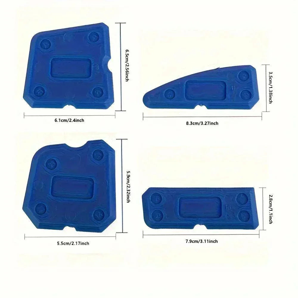 4-piece blue silicone glass cement scraper set for precise sealing and caulking tasks with durable, flexible tools and storage box