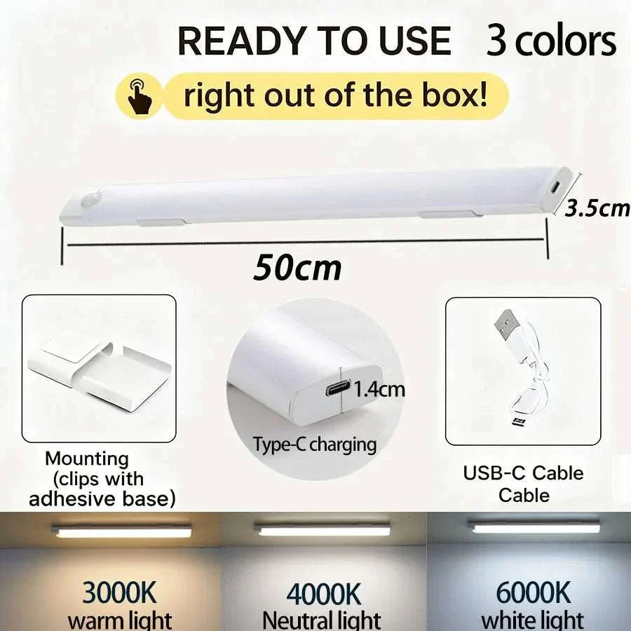 Wireless LED cabinet light bar with motion sensor, rechargeable battery, USB-C charging, 3 color temperature options, 50cm length, magnetic mounting for indoor use.