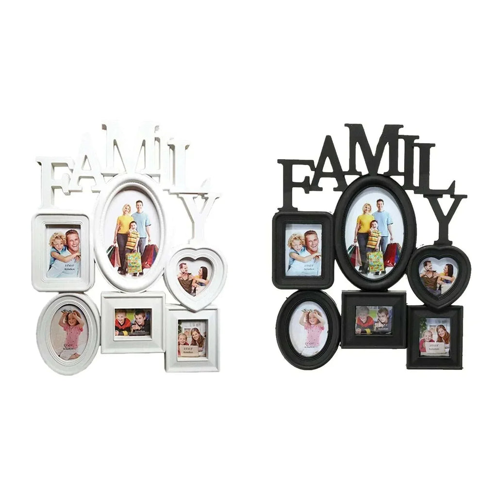 Modern family photo frame wall hanging displaying six pictures in a minimalist design