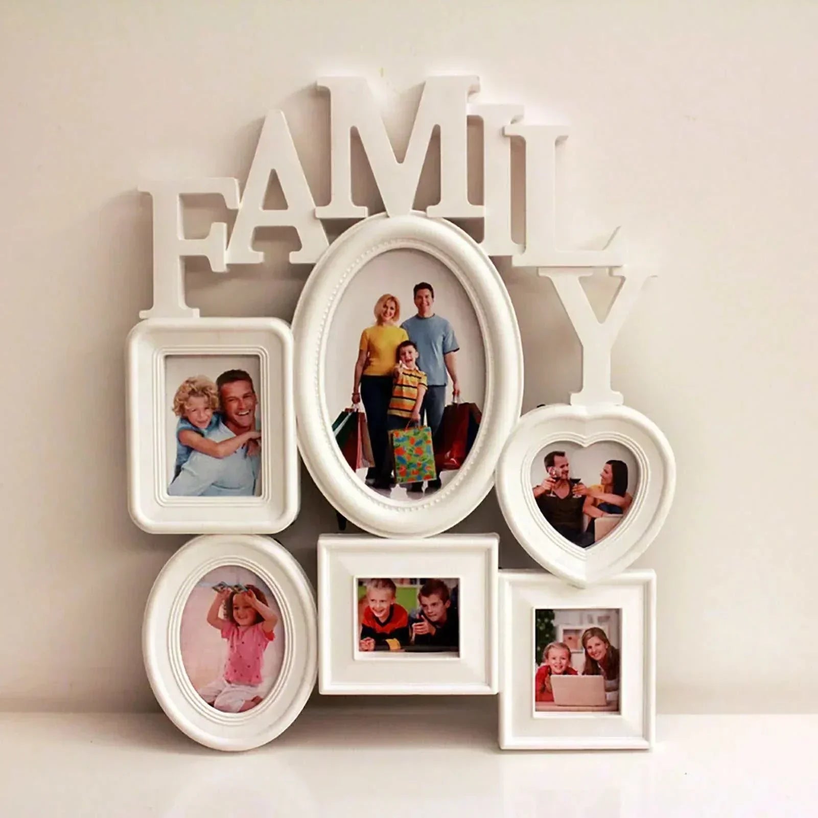 Modern minimalist family photo frame wall hanging displaying six pictures, durable plastic, easy to install, perfect home decor