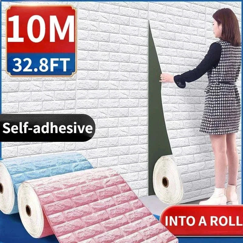 Woman applying 3D foam brick wall self-adhesive waterproof wallpaper roll in white color for home decor.