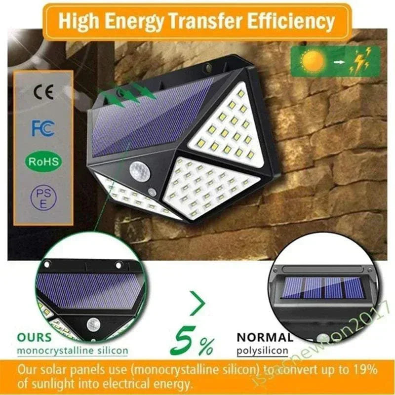 100 LED solar wall light with motion sensor and wide-angle illumination