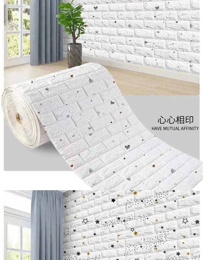 3D foam brick wall panels made of waterproof XPE foam with self-adhesive backing for easy installation and realistic textured brick design.