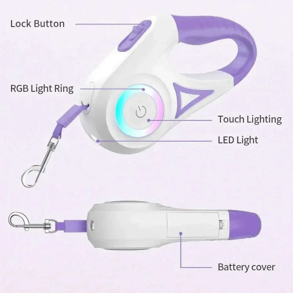 LED retractable dog leash with built-in LED light and ergonomic grip for safe nighttime walks