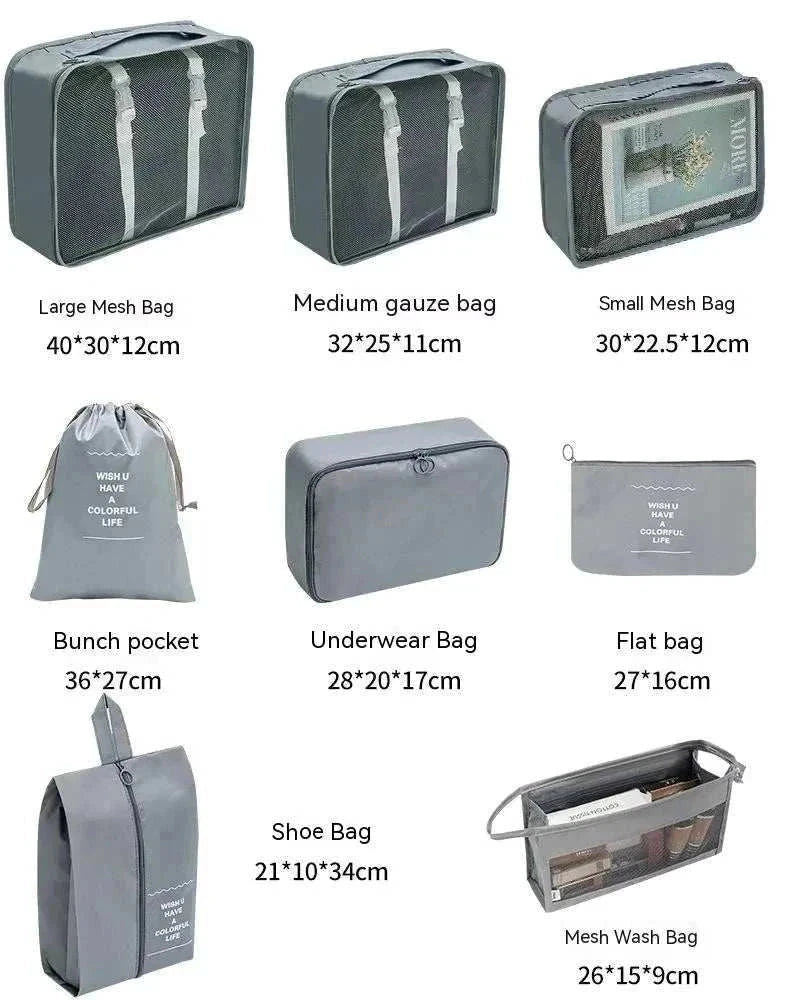 Set of lightweight, durable travel organizer storage bags for luggage packing and organizing clothes, shoes, and accessories.