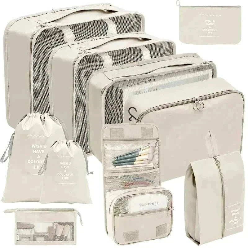 Set of portable travel organizer storage bags in various sizes for luggage packing
