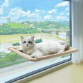 White cat resting on a beige ultra-soft cat window hammock bed secured with strong suction cups, space-saving design and cityscape view background