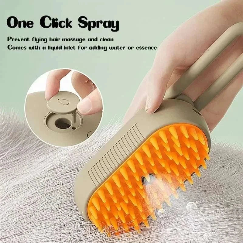 Electric pet grooming brush with steam spray for deshedding and massage, suitable for dogs and cats.