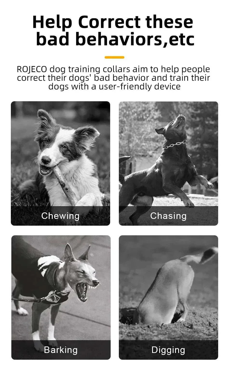 Electric dog training collar with digital remote, multiple modes, rechargeable battery, and waterproof design for correcting chewing, chasing, barking, and digging behaviors.