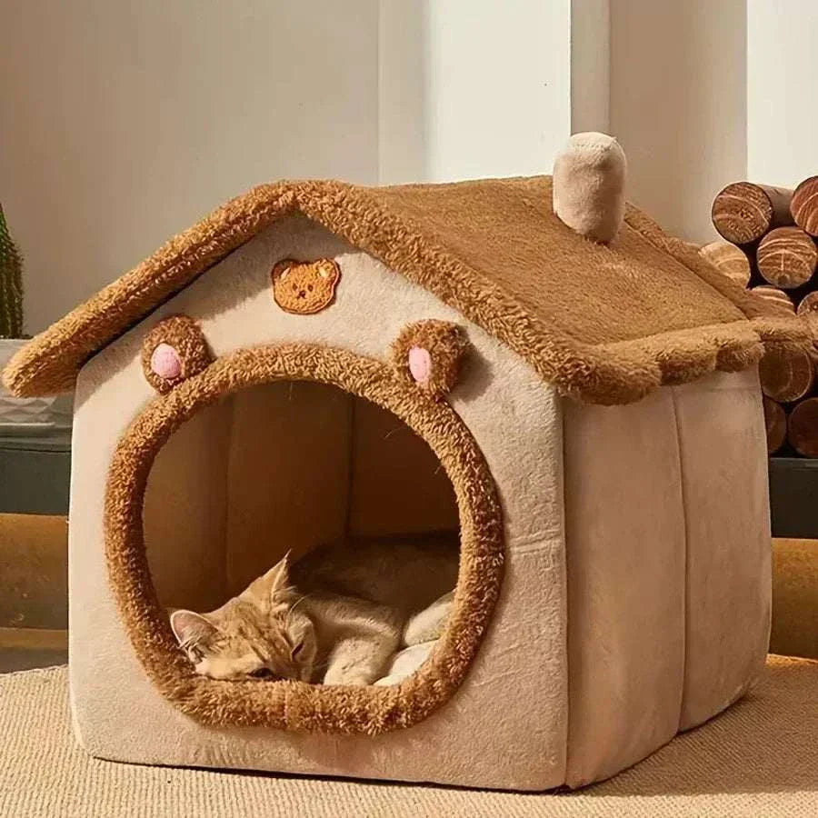 Foldable pet house beige plush cozy cat bed with chimney and bear design for small petsLED Light Pet Clipper Foldable Pet House