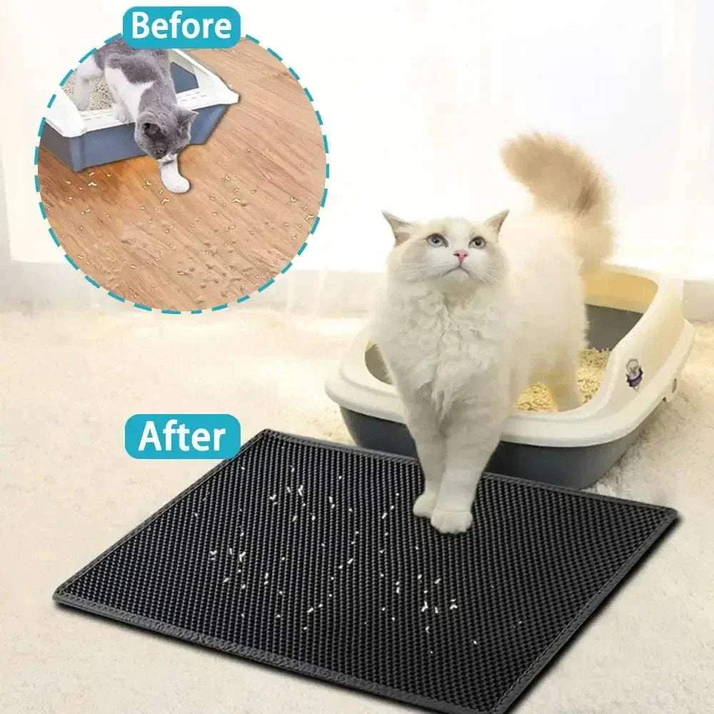 Double layer waterproof cat litter mat with honeycomb surface and anti-slip base for trapping litter and protecting floors