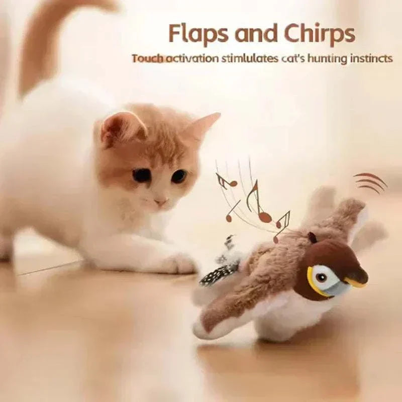 Simulated bird cat toy with realistic chirping and flapping wings, touch-activated, plush, and rechargeable for indoor pet entertainment