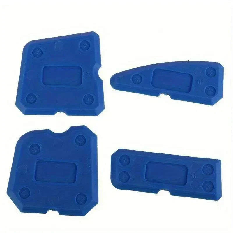 4-piece blue silicone glass cement scraper set with multiple edges in plastic storage box
