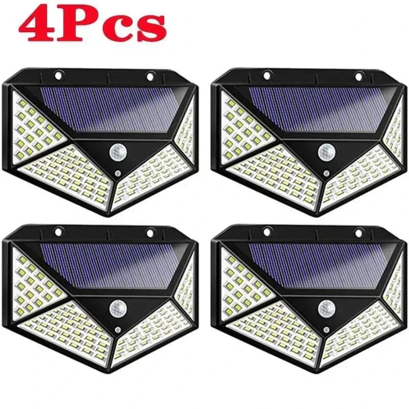 100 LED solar wall light with motion sensor and wide-angle illumination for outdoor use