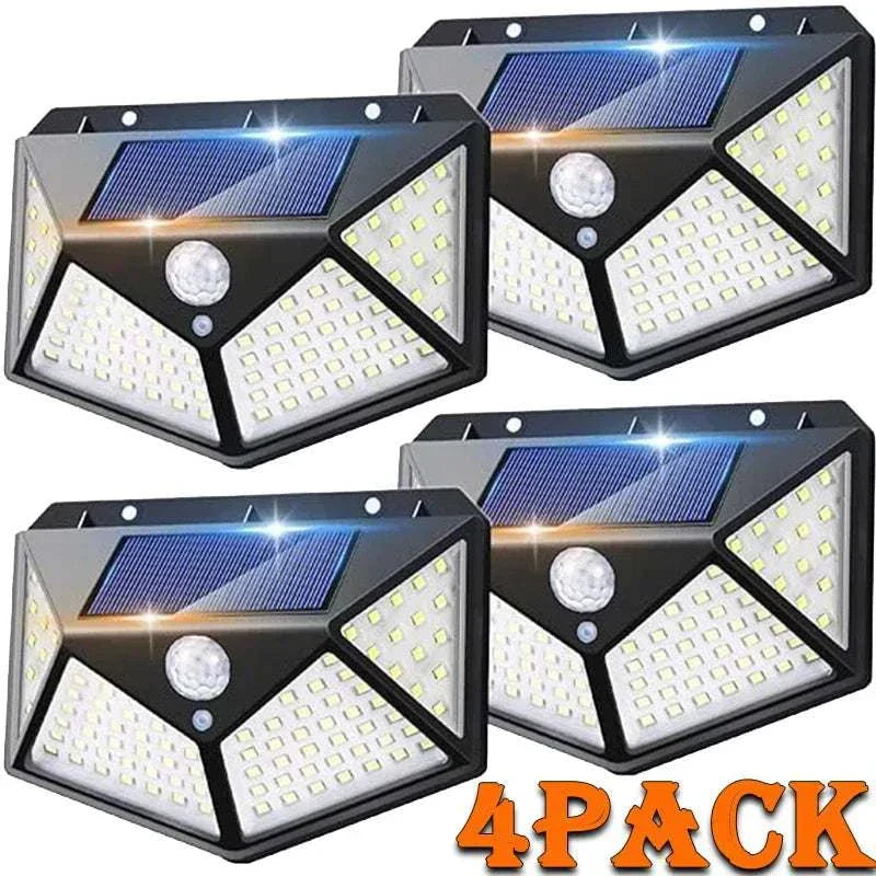 100 LED solar wall light with motion sensor and wide-angle illumination for outdoor security