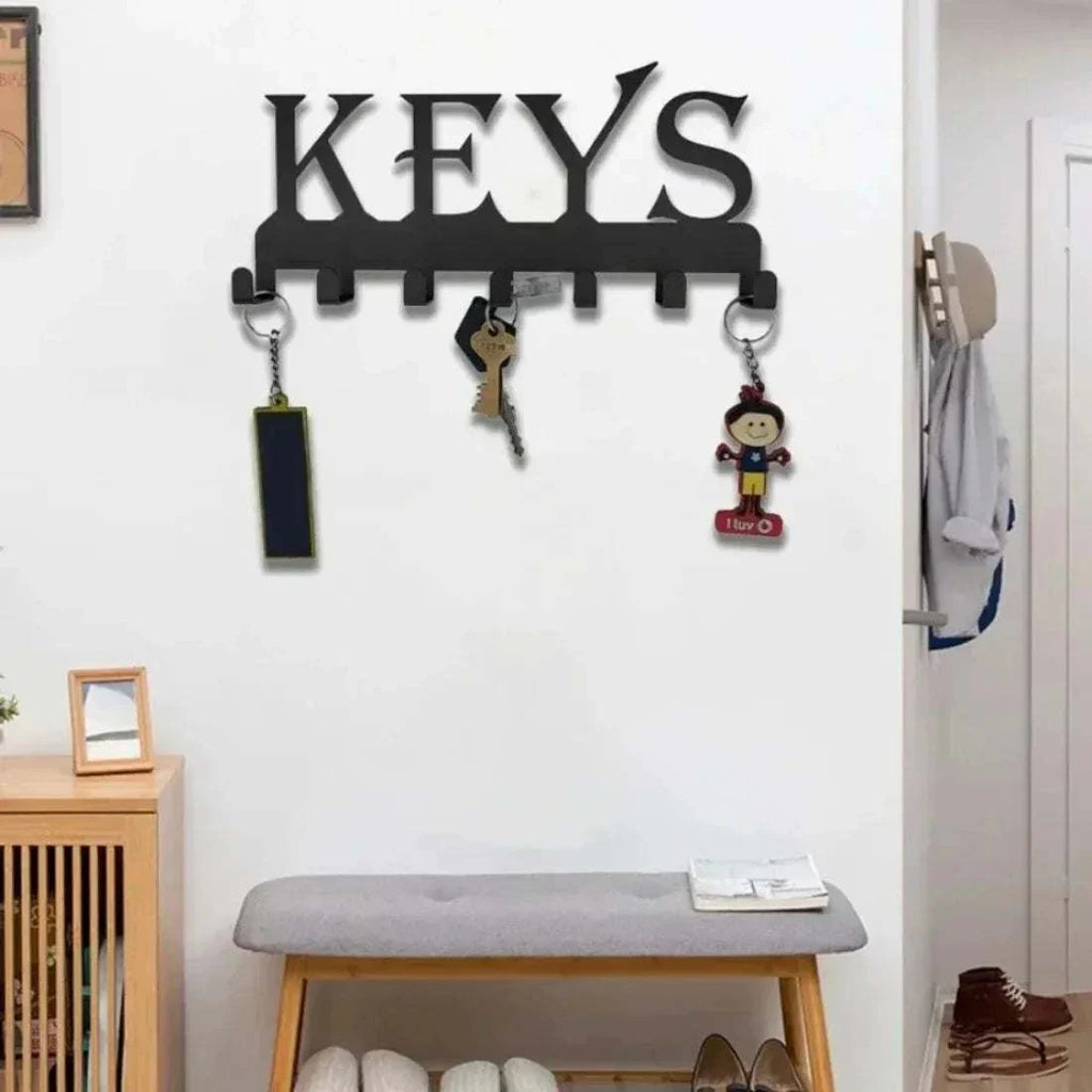 Wall mounted black metal key holder with "KEYS" design and hooks for keys and small items