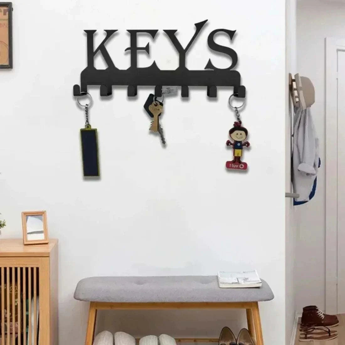 Wall mounted black metal key holder with "KEYS" design and hooks for keys and small items