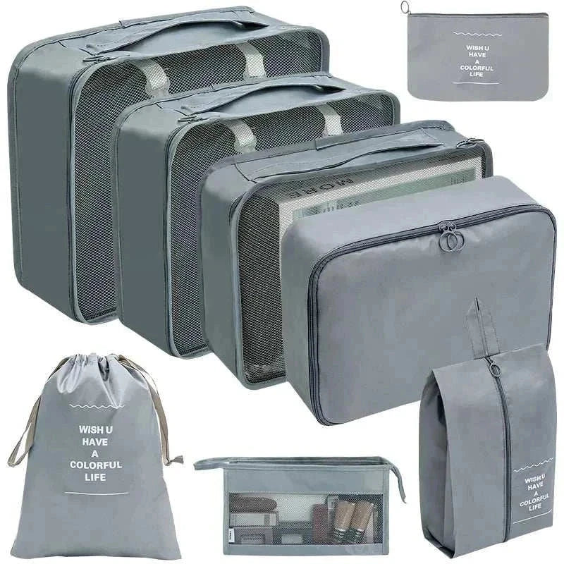 Set of lightweight, foldable travel organizer storage bags in various sizes for luggage packing and organization