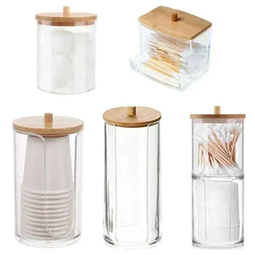 Clear acrylic storage box with bamboo lid for bathroom organization and eco-friendly style