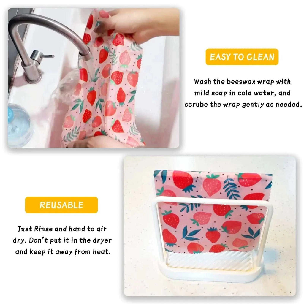 Reusable beeswax food wraps with strawberry pattern being washed and air-dried, eco-friendly organic cotton wax cloth alternative to plastic wrap
