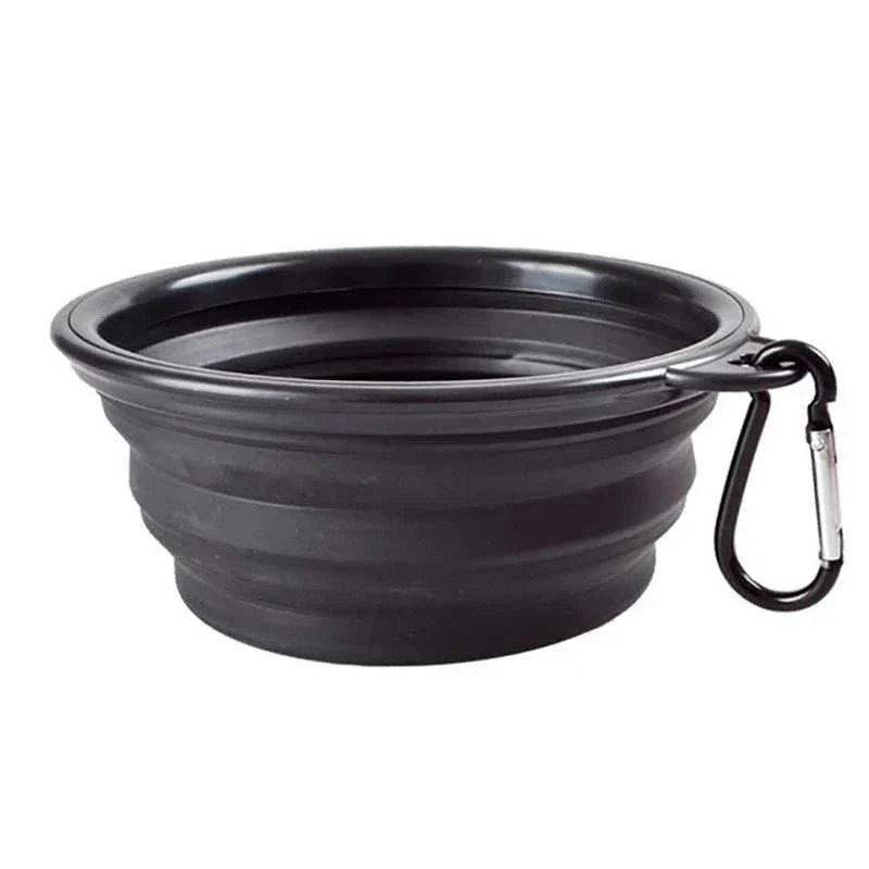 Collapsible black pet dog bowl with carabiner clip for travel and outdoor use