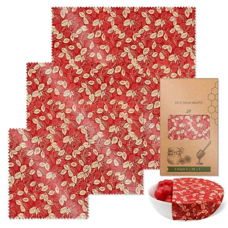 3-piece set of reusable beeswax food wraps with red leaf pattern, organic cotton and beeswax, eco-friendly alternative to plastic wrap