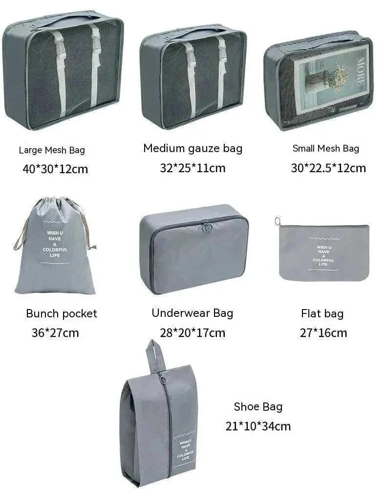 Set of lightweight travel organizer storage bags in assorted sizes for luggage packing