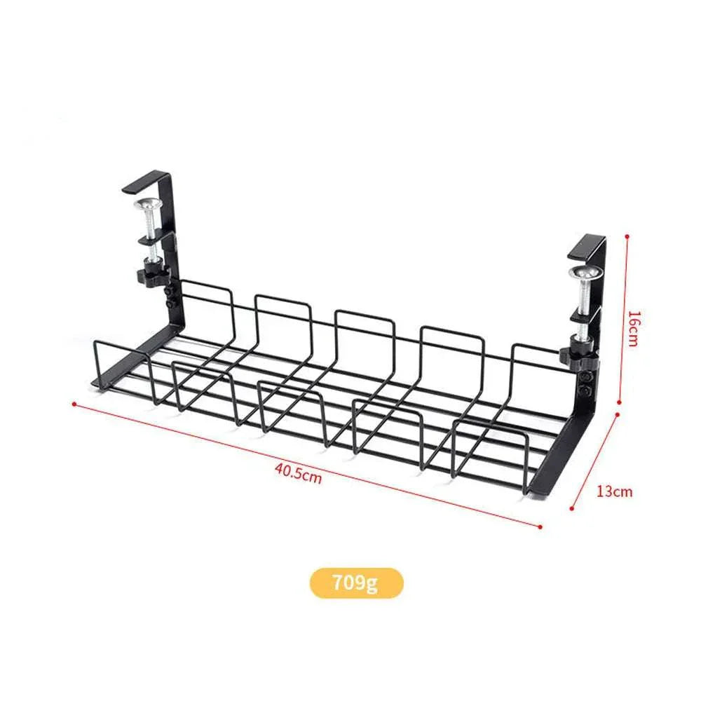 Under desk black metal cable management box organizer with clamp mounts for wire storage, 40.5cm length, no drill installation