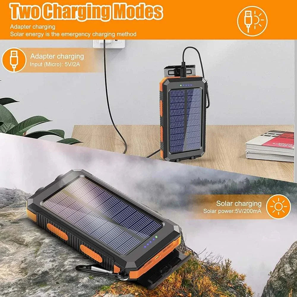 Portable solar power bank 80000mAh with dual charging modes and solar panel for outdoor use