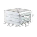 Clear double-layer kitchen egg storage box holding 32 eggs with secure grooved slots and stackable design