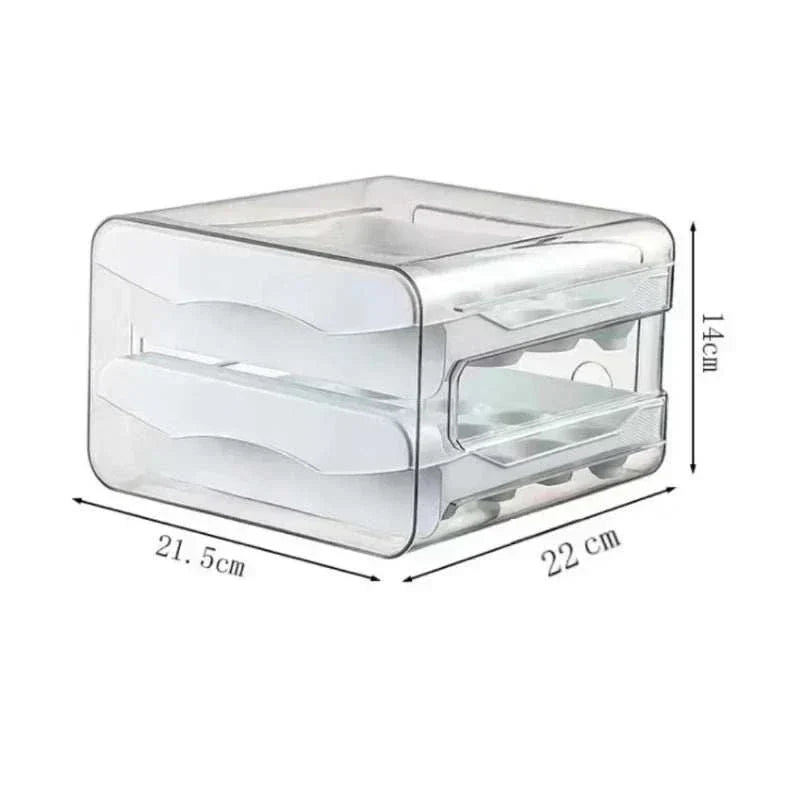 Clear double-layer kitchen egg storage box holding 32 eggs with secure grooved slots and stackable design