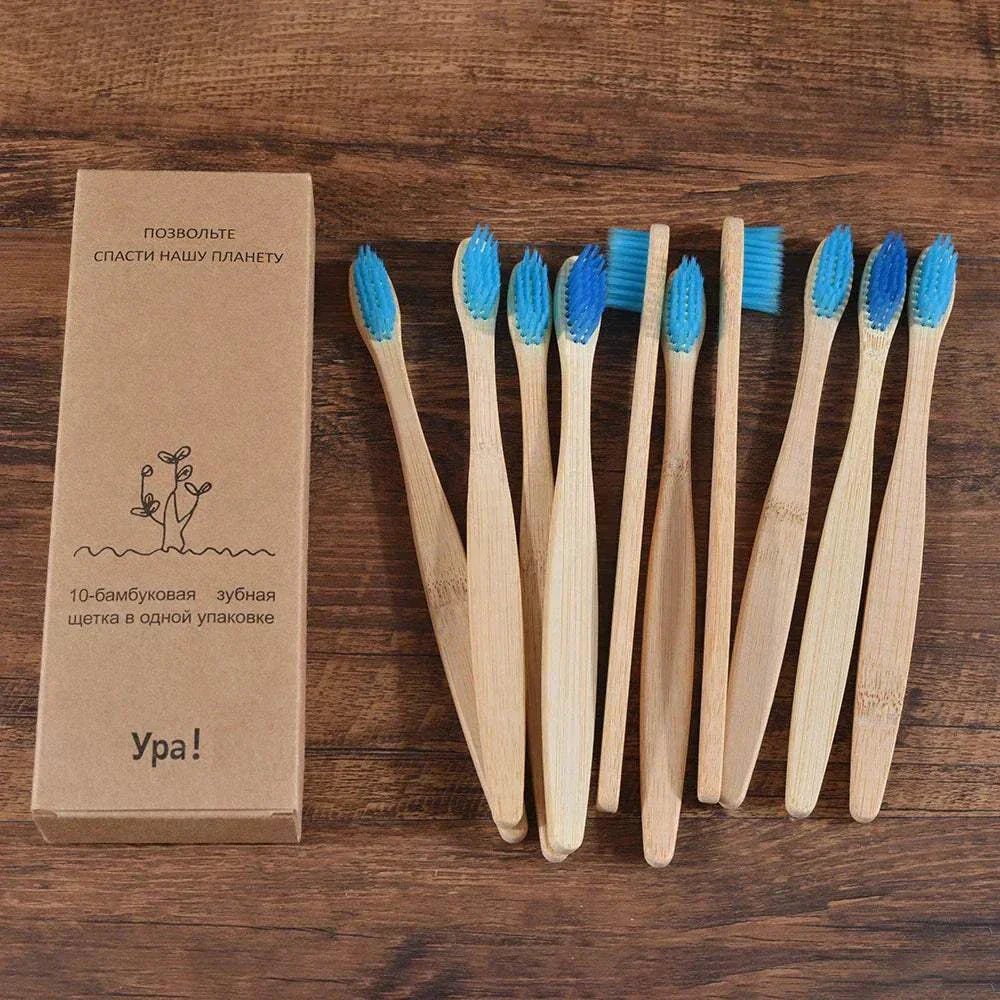 10-piece eco-friendly bamboo toothbrush set with black bristles and natural handles
