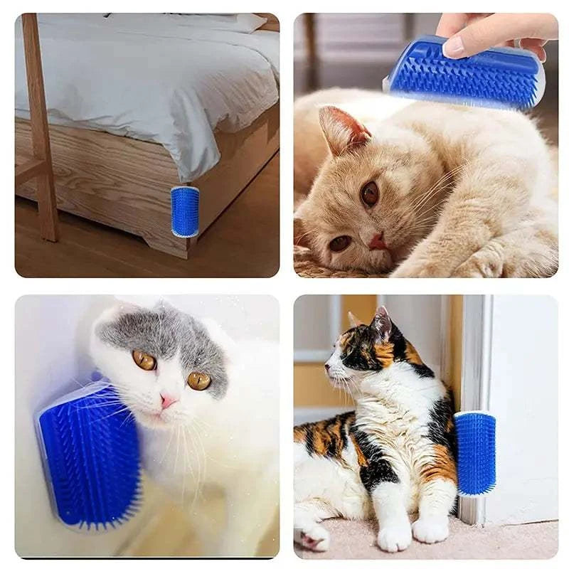 Corner-mounted pet cat brush for grooming, hair removal, and massage