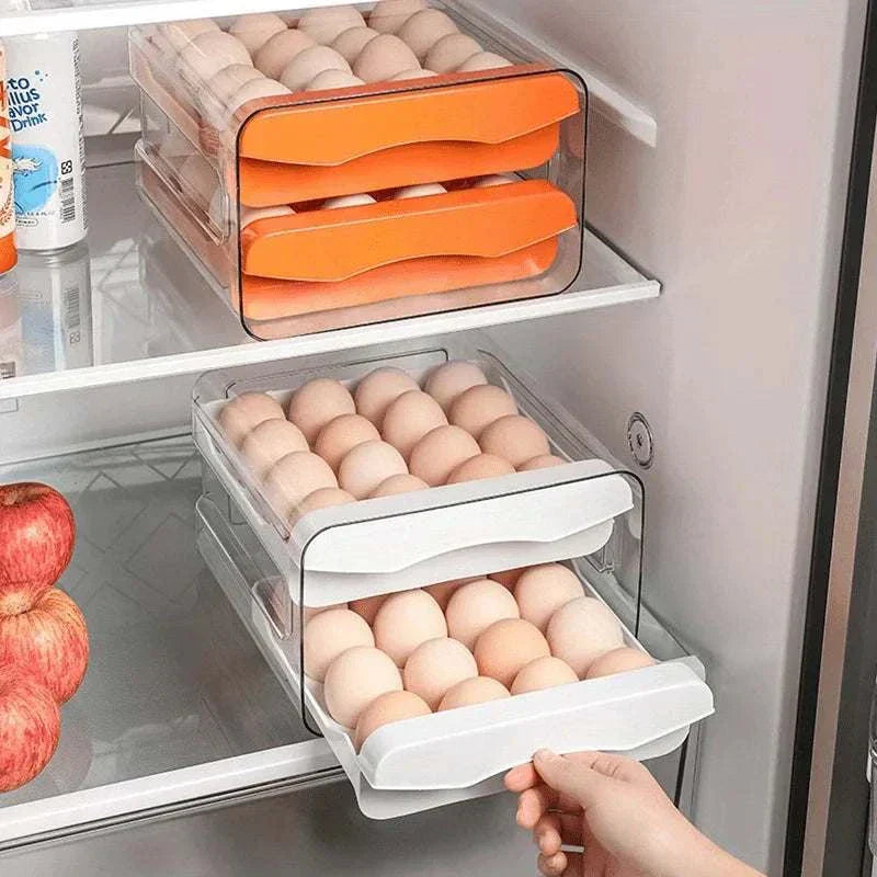 Clear double-layer kitchen egg storage box holding 32 eggs with secure groove slots and durable plastic drawers
