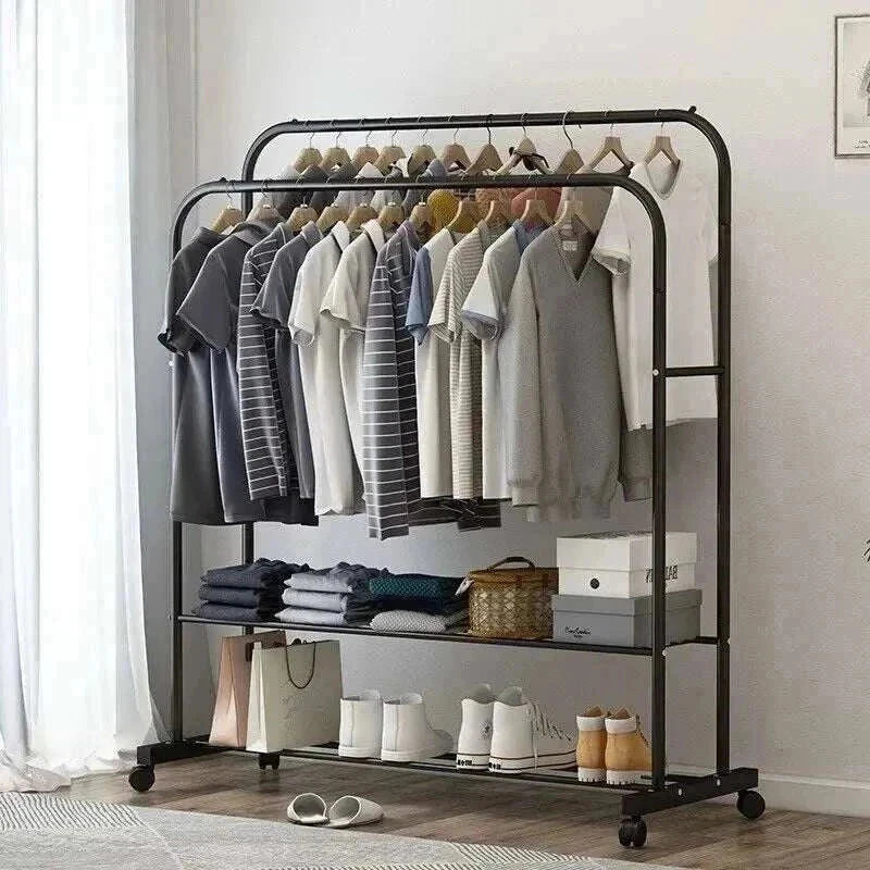 Heavy metal double clothes rail with rolling storage shelf and caster wheels for versatile wardrobe organization