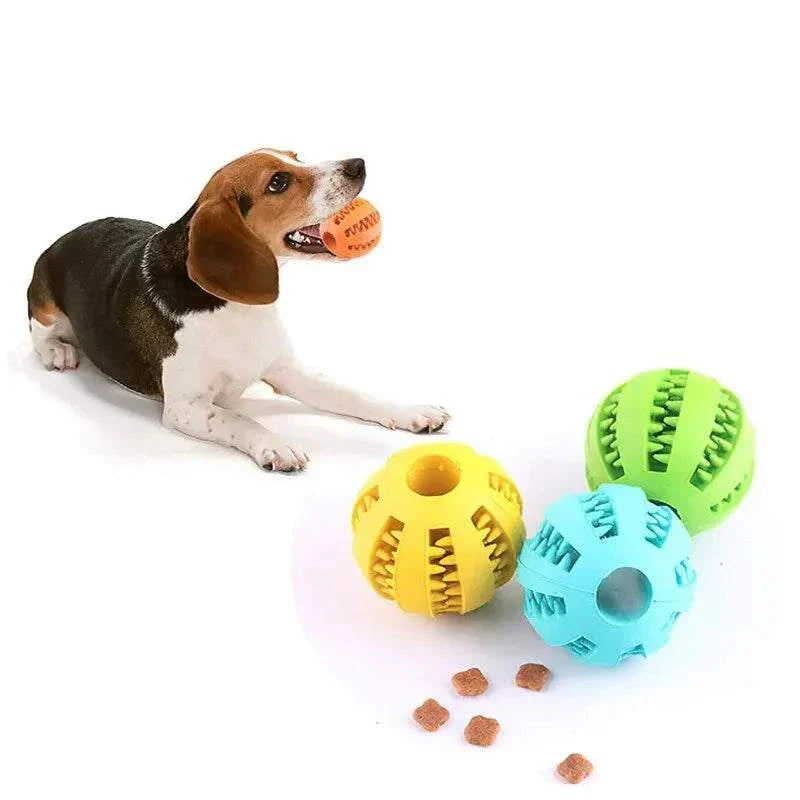 Durable rubber dog toy ball for chewing, teeth cleaning, and treat feeding, suitable for all dog sizes