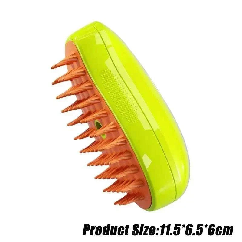 Electric steamy dog brush with deshedding, steam spray, and massage features for pet grooming