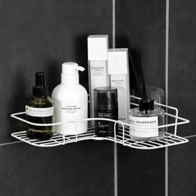 Wall-mounted stainless steel corner shower caddy with single-tier storage for bathroom essentials