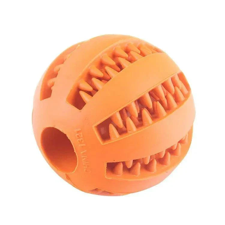 Durable rubber dog toy ball for teeth cleaning and treat feeding, suitable for all pet sizes