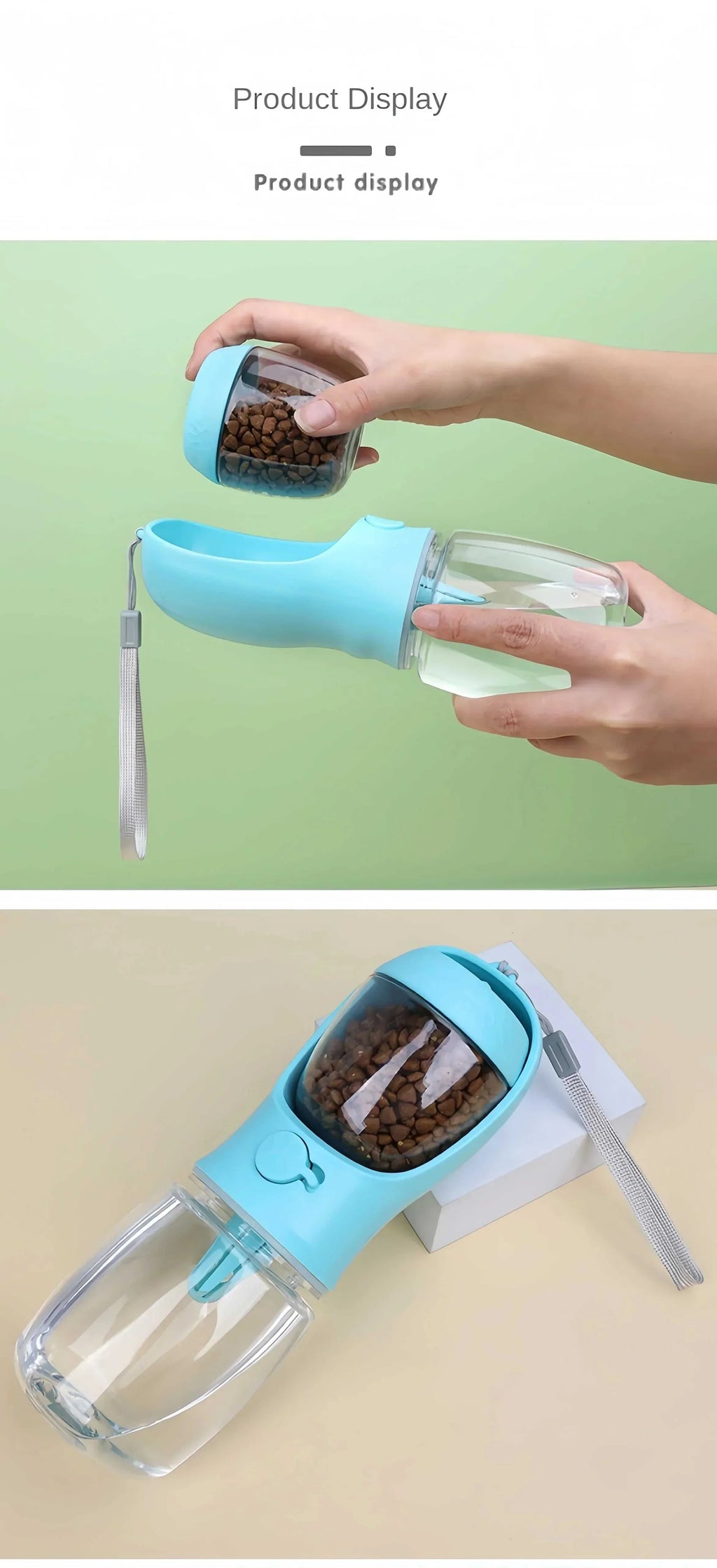 Portable dog cat water bottle with 2-in-1 food and water dispenser for travel and outdoor use