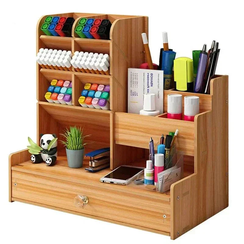 Wooden desk organiser with multiple compartments and drawer for stationery storage