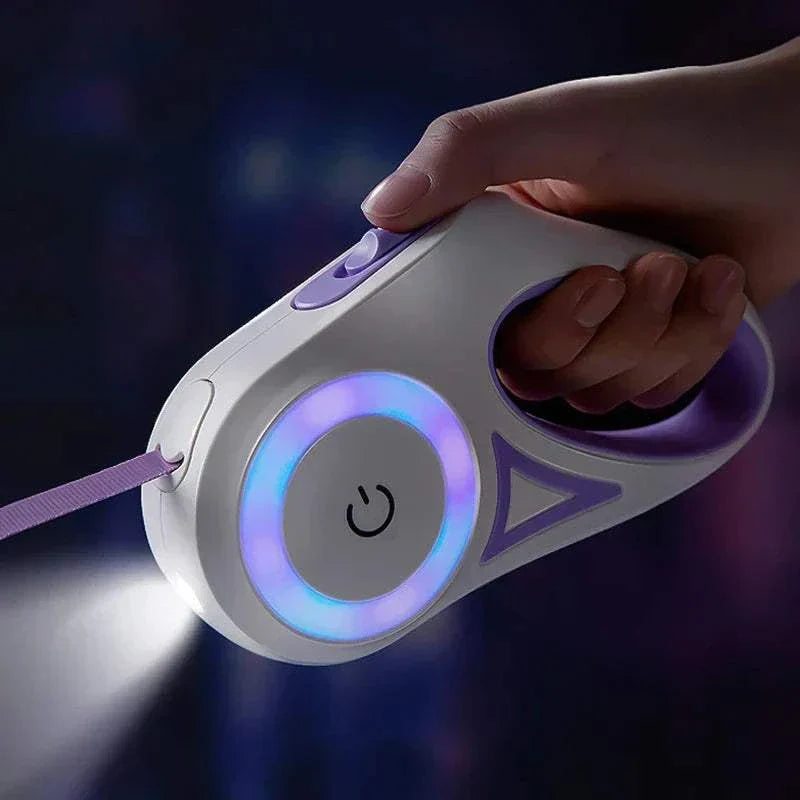 LED retractable dog leash with built-in light and ergonomic grip for safe nighttime walks
