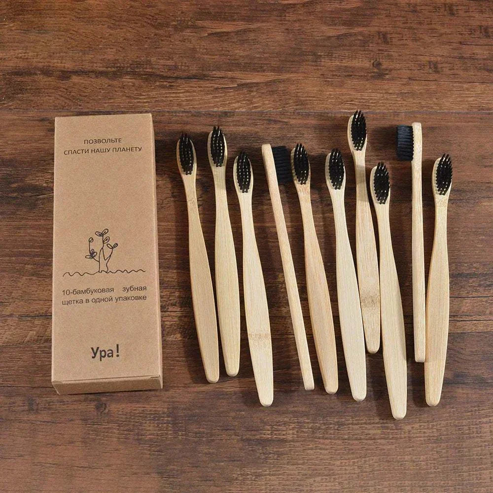Set of 10 eco-friendly natural bamboo toothbrushes with black charcoal bristles