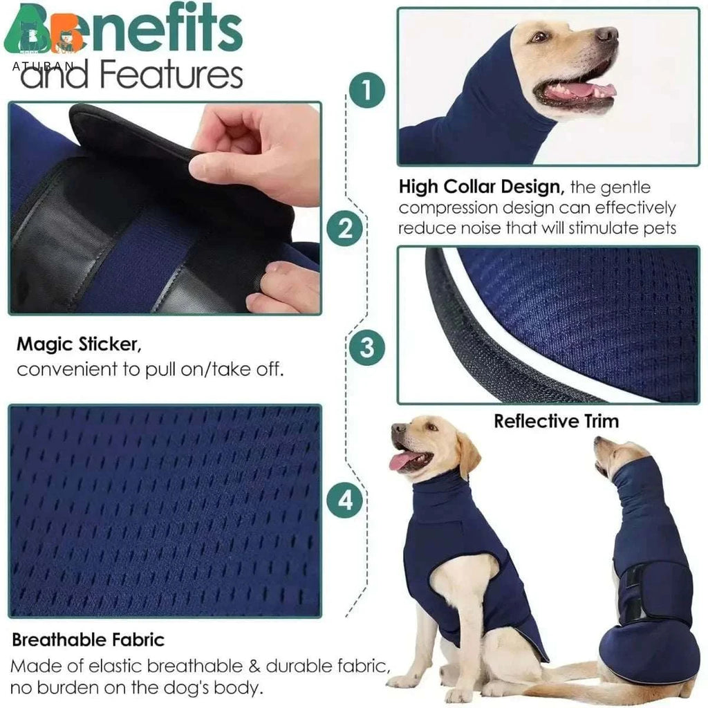 Dog anxiety vest with high collar, breathable fabric, reflective trim, and adjustable magic sticker for large dogs.