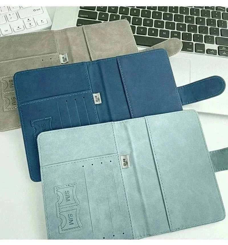 Unisex soft PU leather passport holder for travel with RFID blocking and magnetic closure.