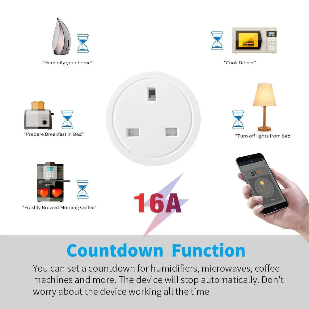 20A Tuya Smart Socket WiFi UK plug adapter with voice control and countdown timer function