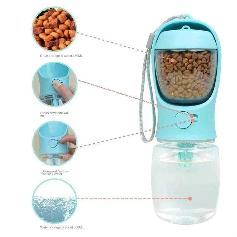 Portable dog cat water bottle with integrated food storage and water container for outdoor pet travel
